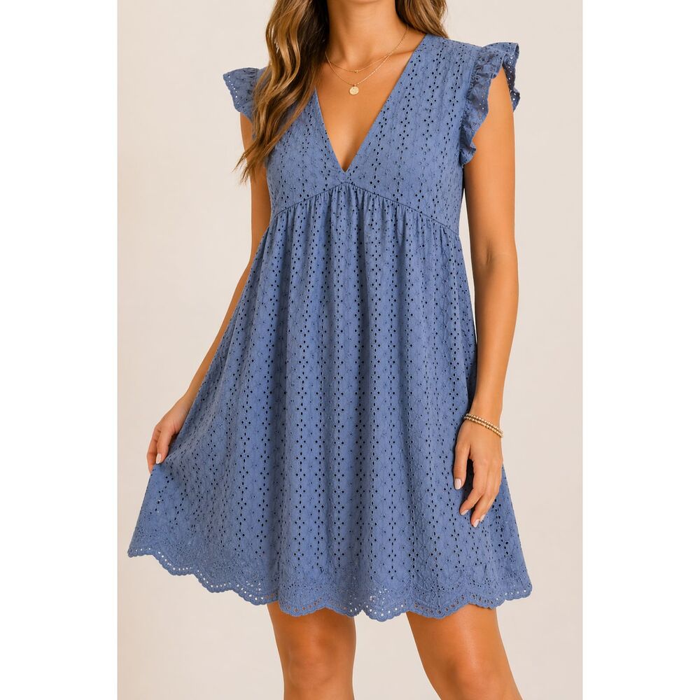 Knox Rose Blue Eyelet Babydoll Cotton Dress Boho V Neck Flutter Sleeve L